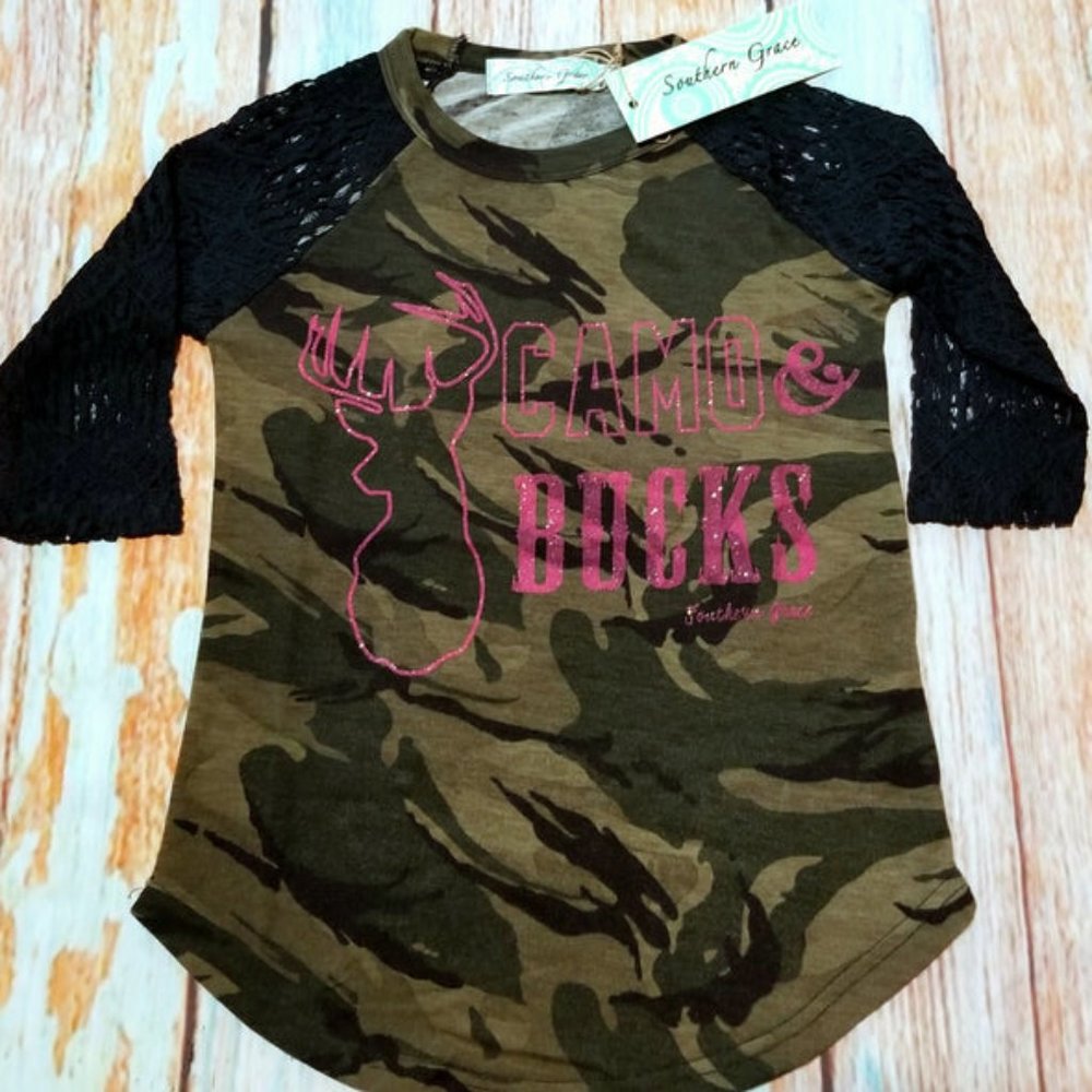 Southern Grace Kids Camo & Black Lace Sleeve Top